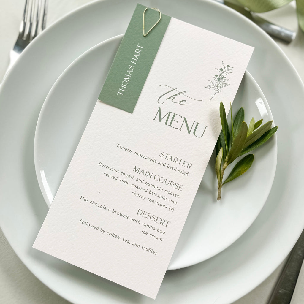 Olive green wedding menu cards with attached personalised name card