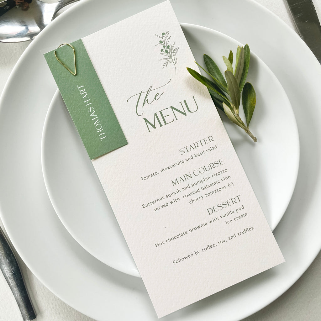 Olive green wedding menu cards with attached personalised name card