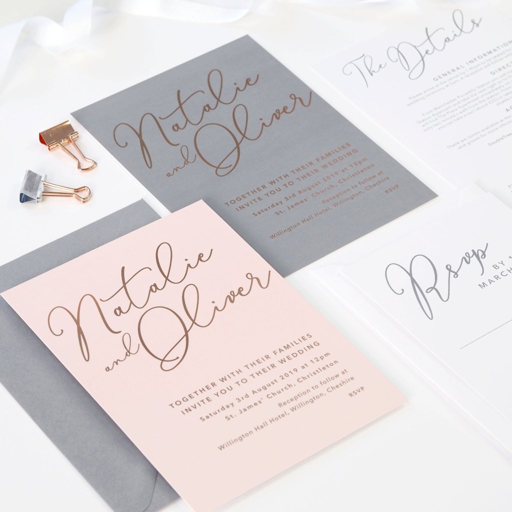 Natalie blush foil printed wedding invitations - Project Pretty